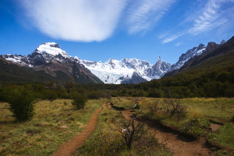 Breathtaking view of mountains and glaciers on a trekking path in El Chaltén, Patagonia.